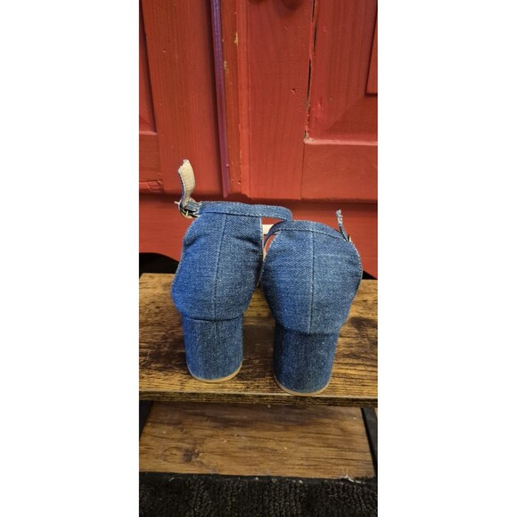 Modcloth Size 5 Euro 38 Limitless Radiance Rainbow & Denim Ankle Strap Heels EUC - Picture 4 of 5